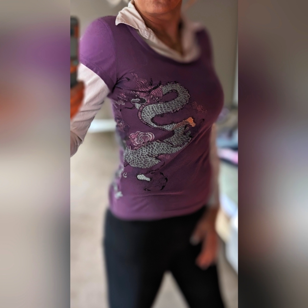FANG PURPLE DRAGON TSHIRT WITH WHITE LONG SLEEVES AND COLLAR